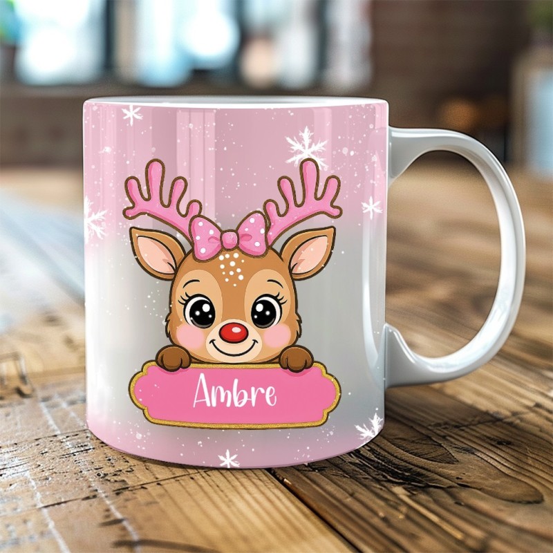 Mug personnalisé “Renne rose” – Cadeau original et unique
