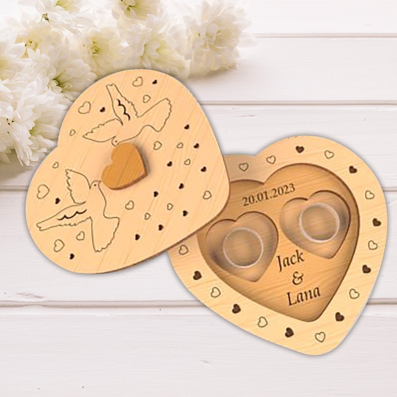 Boîte à Alliances en Bois Gravée – Coffret Mariage Personnalisé avec Prénoms et Date