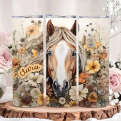 Tumbler Isotherme “Cheval Fleur” Personnalisable – Gobelet Inox Équitation, Cadeau Cavalière