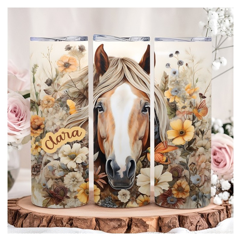 Tumbler Isotherme “Cheval Fleur” Personnalisable – Gobelet Inox Équitation, Cadeau Cavalière