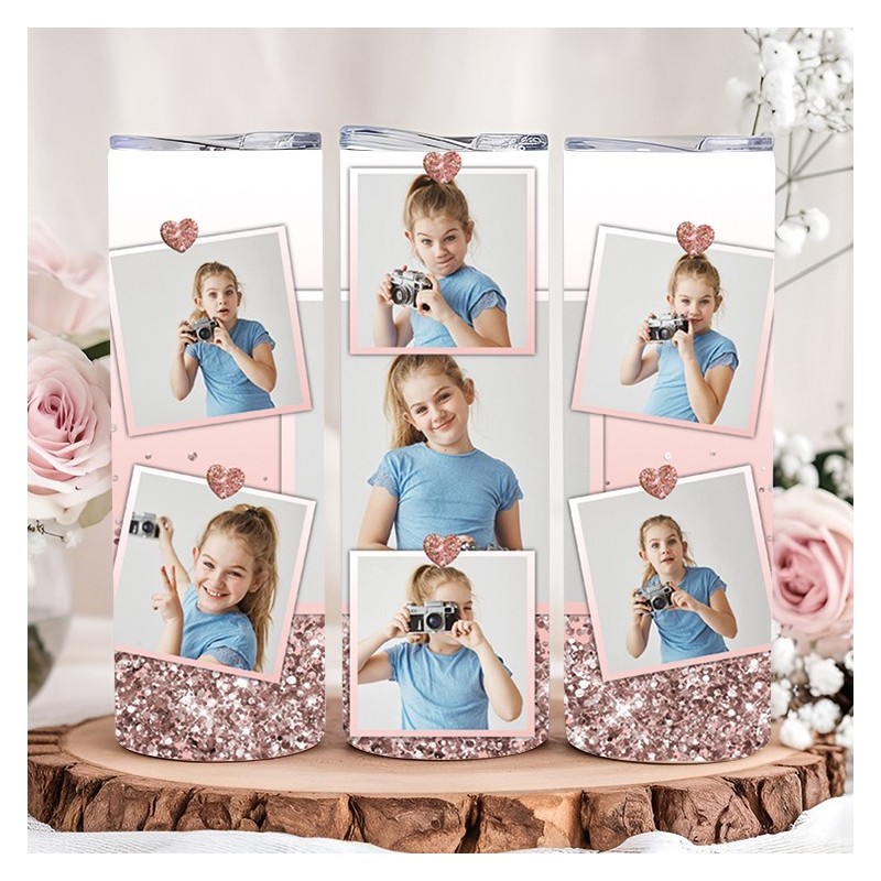 Tumbler Isotherme Personnalisable “Rose-Gold-Glitter-Photo” – Gobelet Inox Pailleté avec Photo