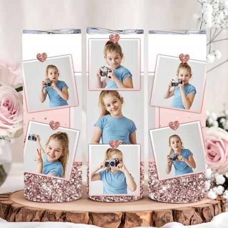 Tumbler Isotherme Personnalisable “Rose-Gold-Glitter-Photo” – Gobelet Inox Pailleté avec Photo