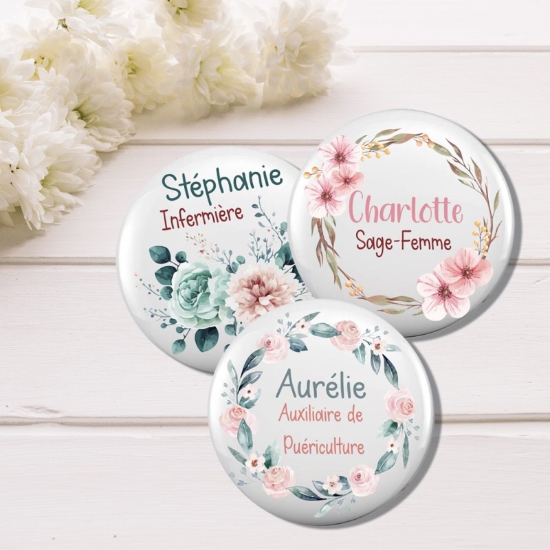 Badge Personnalisable – Métier avec Fleurs, Accessoire Professionnel Unique et Coloré